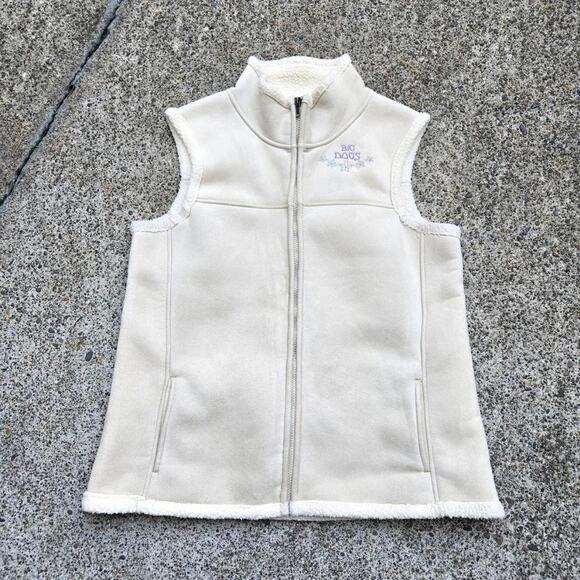 Vtg 90s Y2k BIG DOGS Floral Logo Suede Deep Pile Fleeced Lined Zip Up Vest XL - Picture 1 of 5